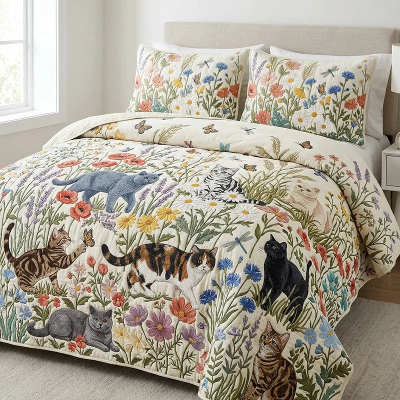Cottage Flora Kittens Bamboo Quilt Bedding Set