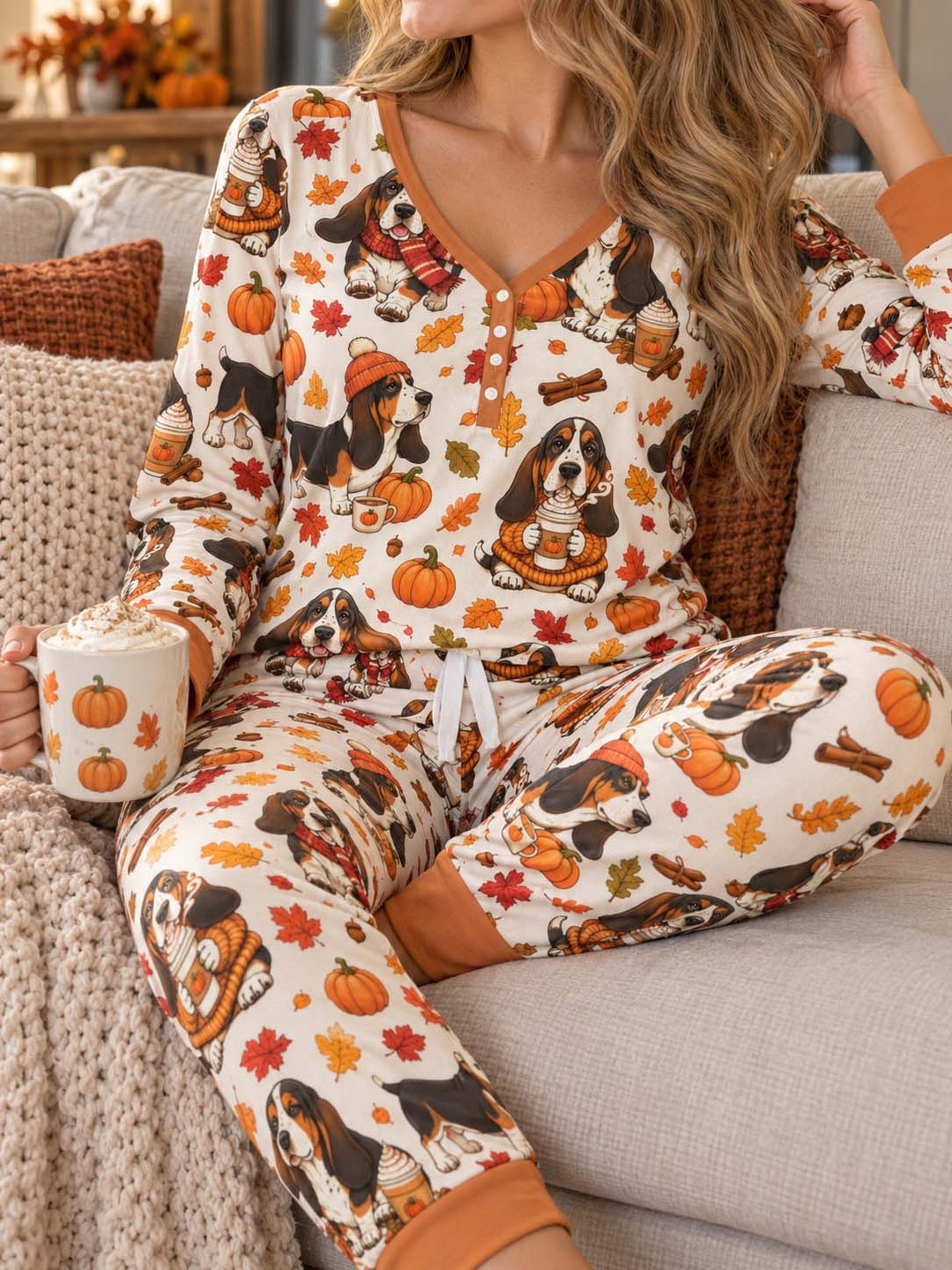 Cozy Autumn Basset Hounds Bamboo Women Pajama Set