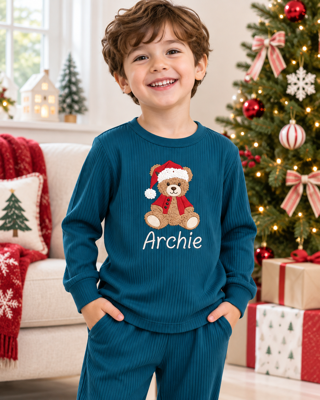 Cute Teddy Santa Embroidered Ribbed Bamboo Two Piece Long Sleeve Pajama Set