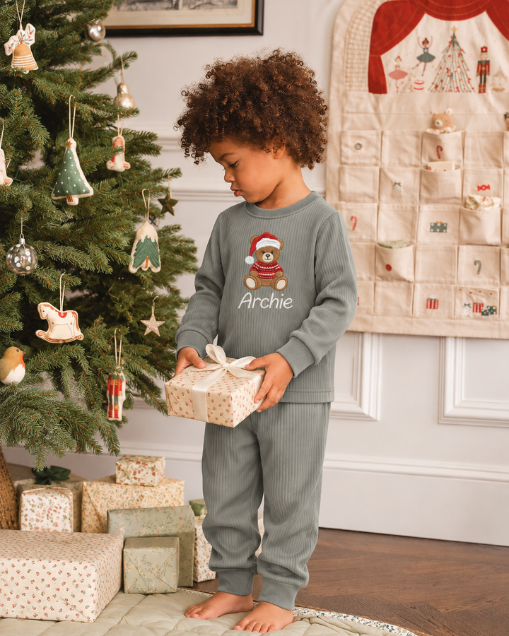 Cozy Teddy Embroidered Ribbed Bamboo Two Piece Long Sleeve Pajama Set