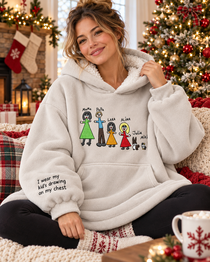 I Wear My Kid's Drawing On My Chest Embroidered Blanket Hoodie