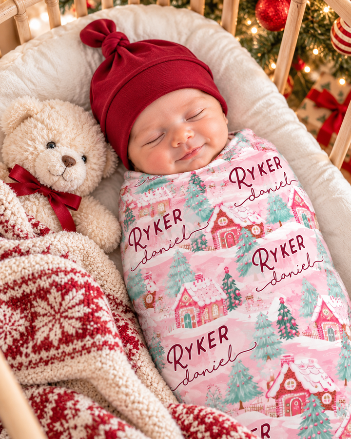 Custom Name Pink Pastel Winter Village Bamboo Swaddle Blanket