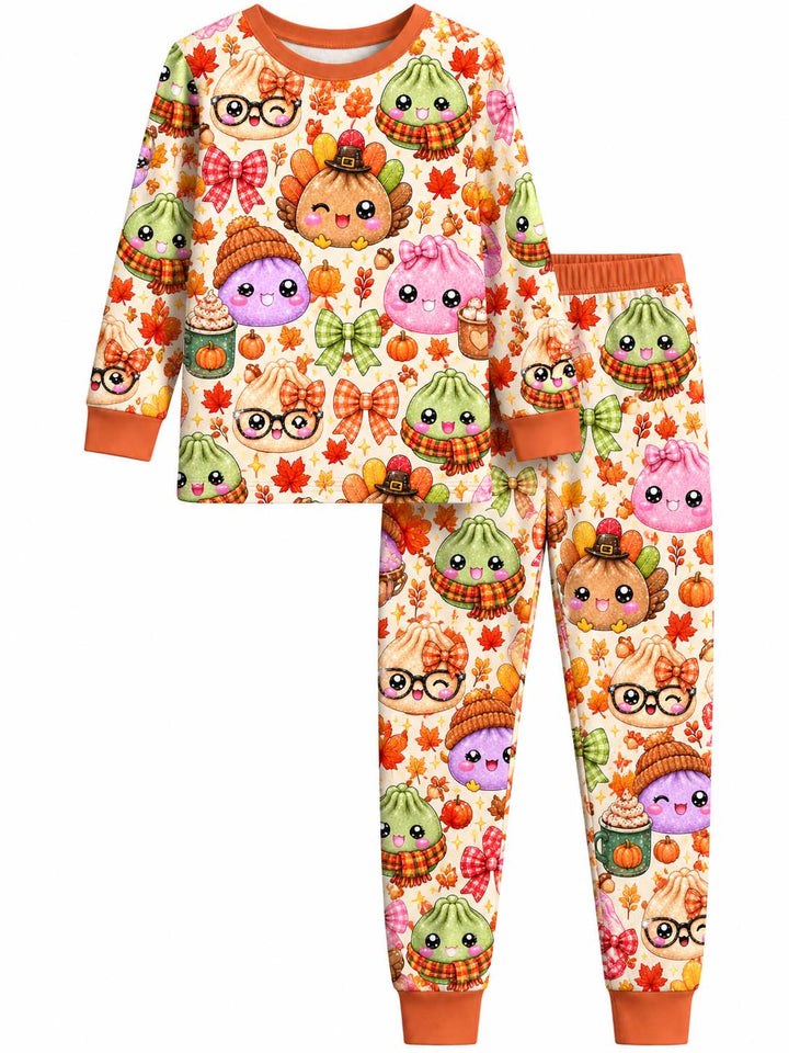 Cozy Autumn Dumplings and Bows Bamboo Two Piece Long Sleeve Pajama Set