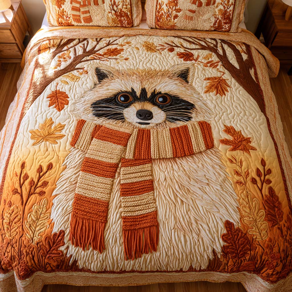 Cozy Autumn Raccoon Bamboo Quilt Bedding Set