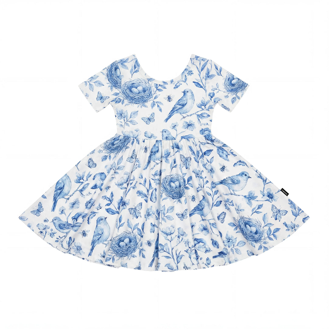 Vintage Blue Bird Toile Floral Bamboo Twirl Dress