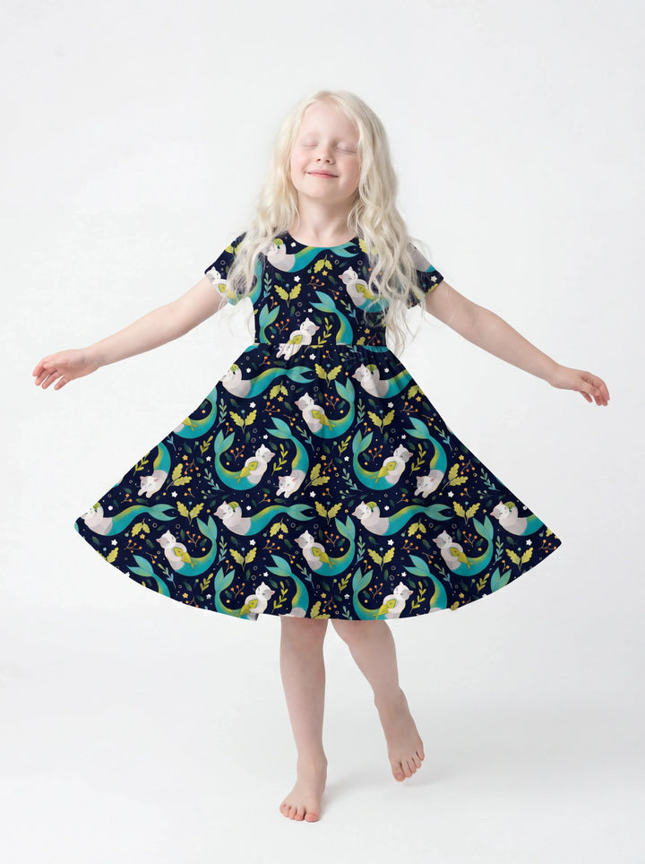 Midnight Mermaid Cats Bamboo Twirl Dress