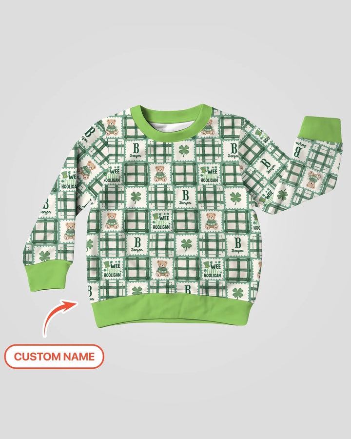 Custom Name Teddy Bear Gingham St. Patrick's Day Crewneck Sweatshirt