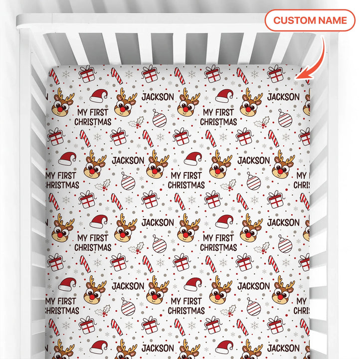 Custom Name Reindeer Doodle My First Christmas Fitted Crib Sheet