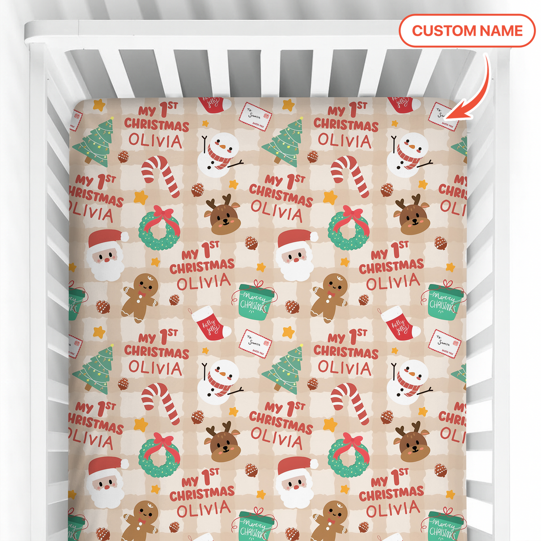 Custom Name My First Christmas Mocha Gingham Fitted Crib Sheet