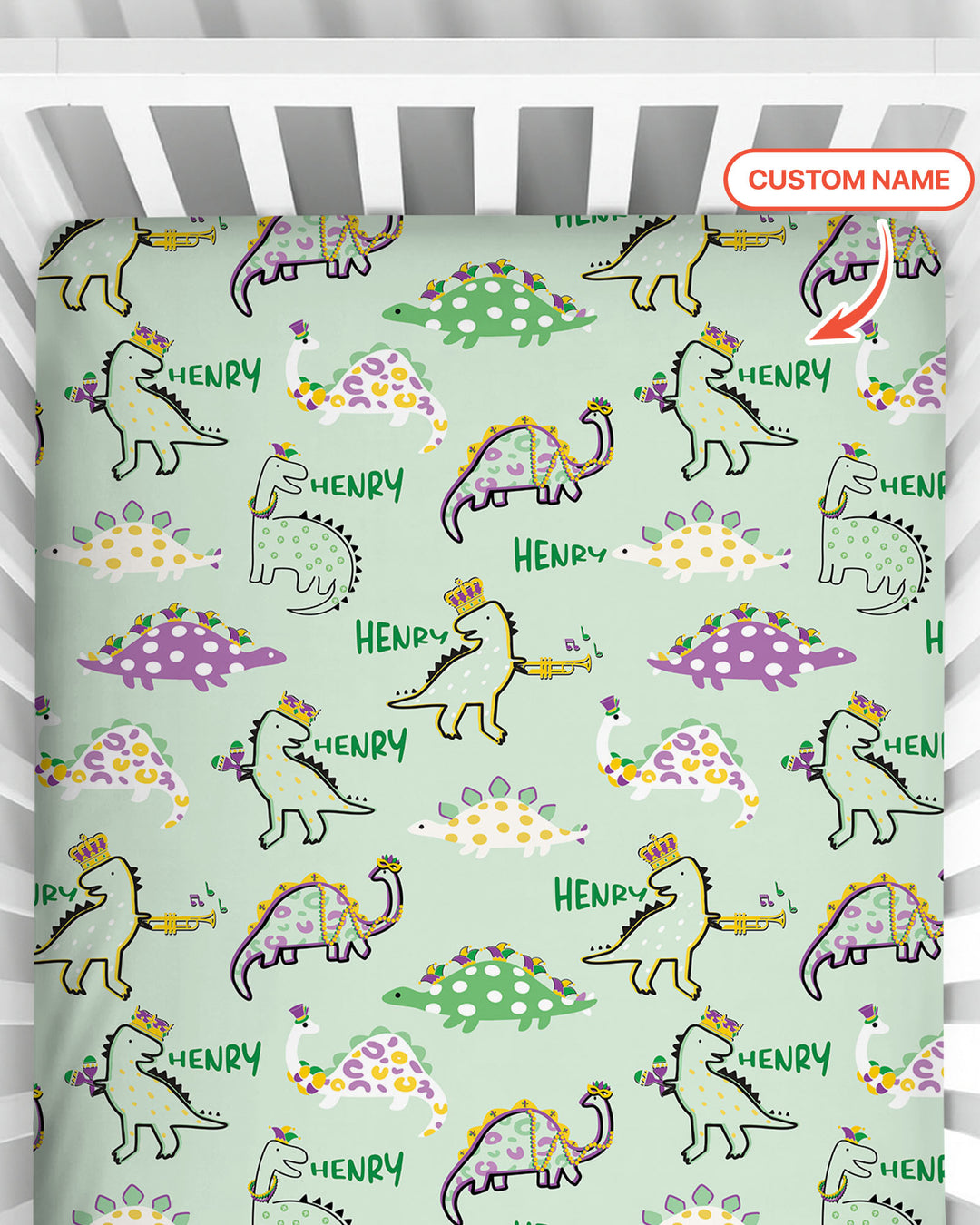 Custom Name Mardi Gras Saurus Fitted Crib Sheet