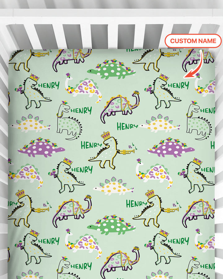 Custom Name Mardi Gras Saurus Fitted Crib Sheet