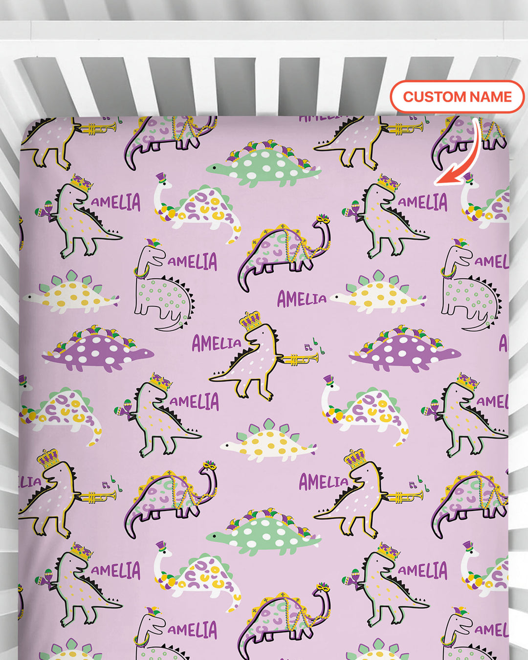 Custom Name Mardi Gras Saurus Fitted Crib Sheet