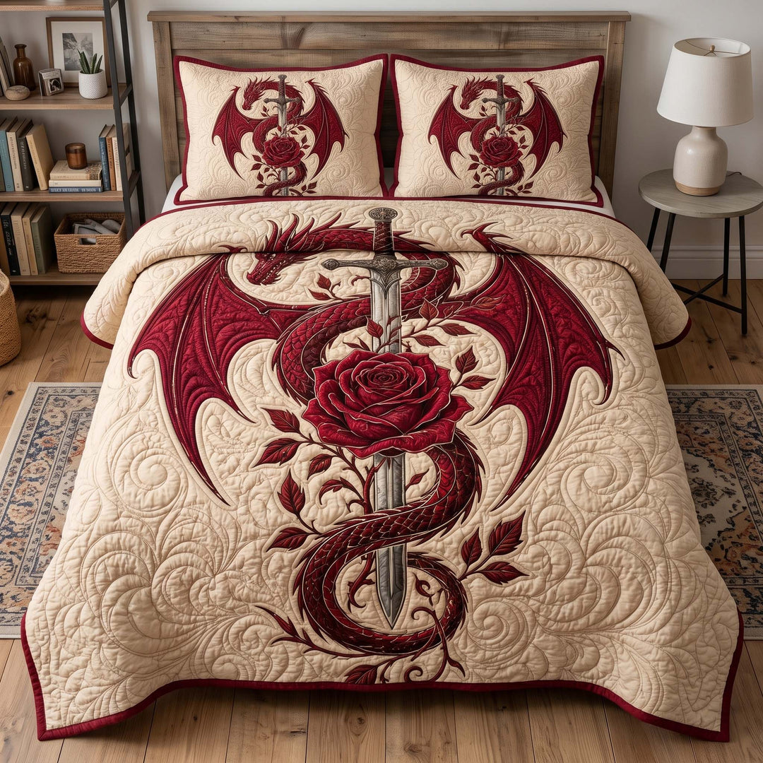 Crimson Dragon Sword Rose Bamboo Quilt Bedding Set