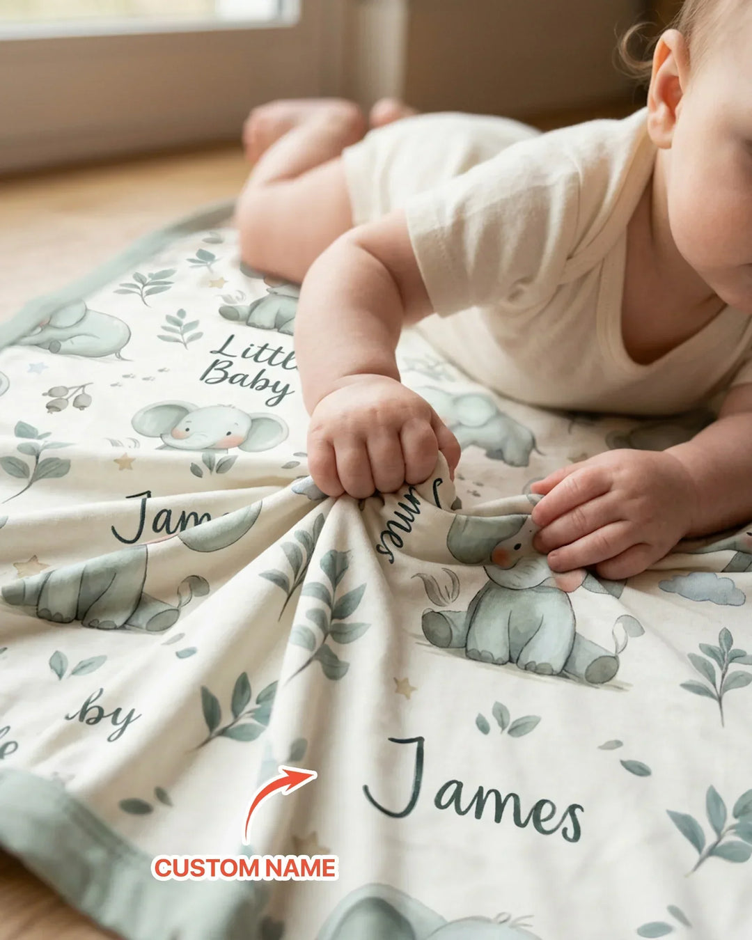 Custom Name Little Baby Elephant Bamboo Blanket