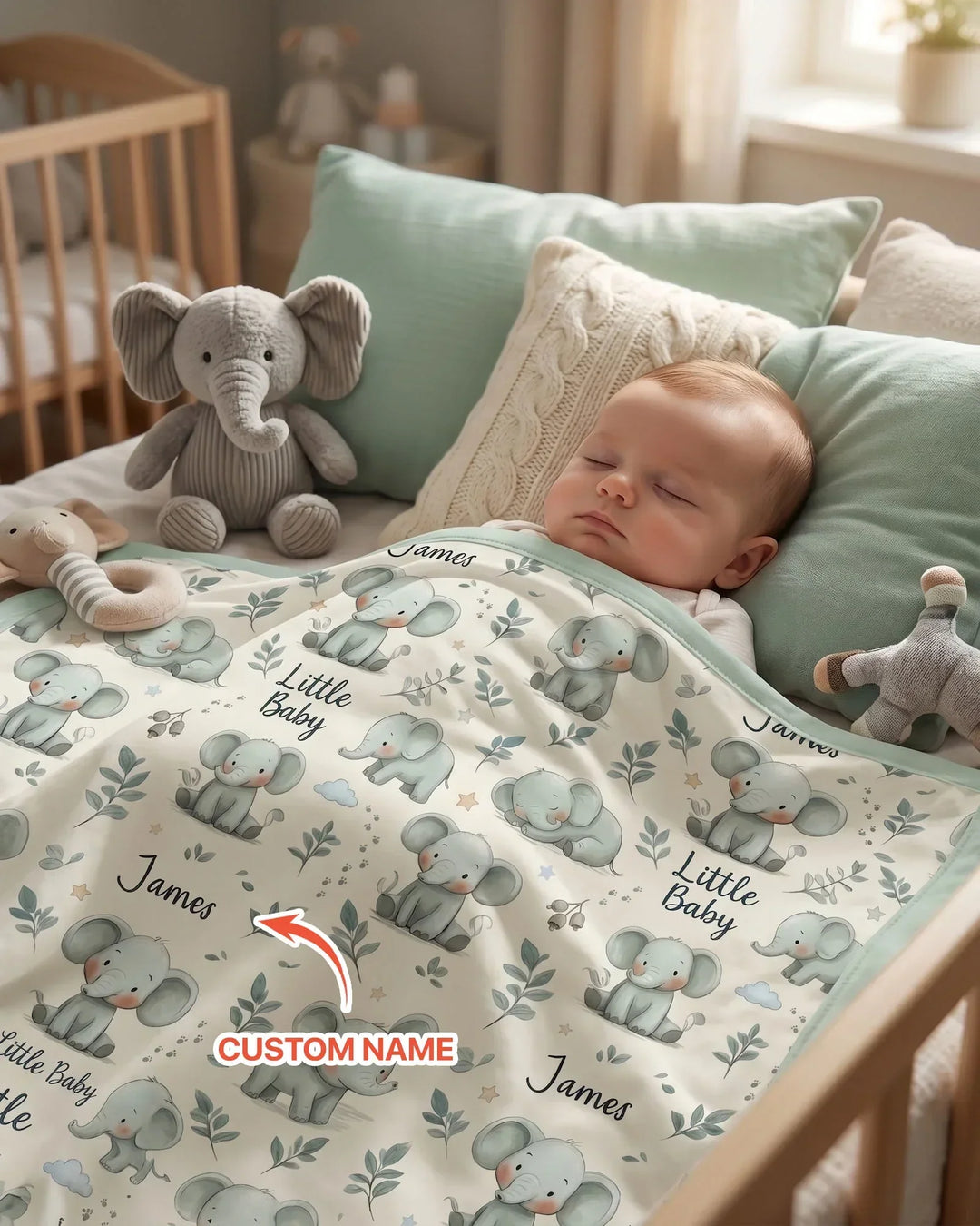 Custom Name Little Baby Elephant Bamboo Blanket