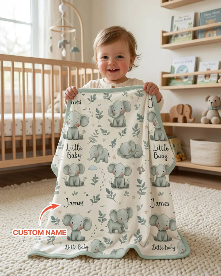 Custom Name Little Baby Elephant Bamboo Blanket