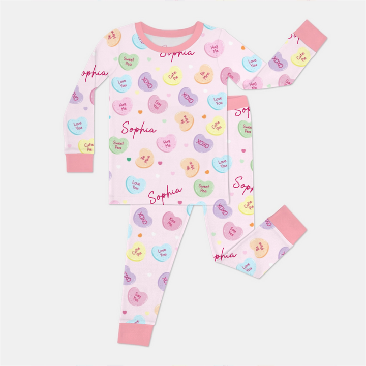 Custom Name Colorful Candy Hearts Family Matching Two Piece Long Sleeve Pajama Set