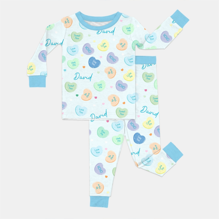 Custom Name Colorful Candy Hearts Family Matching Two Piece Long Sleeve Pajama Set