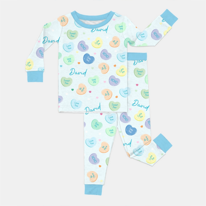 Custom Name Colorful Candy Hearts Family Matching Two Piece Long Sleeve Pajama Set