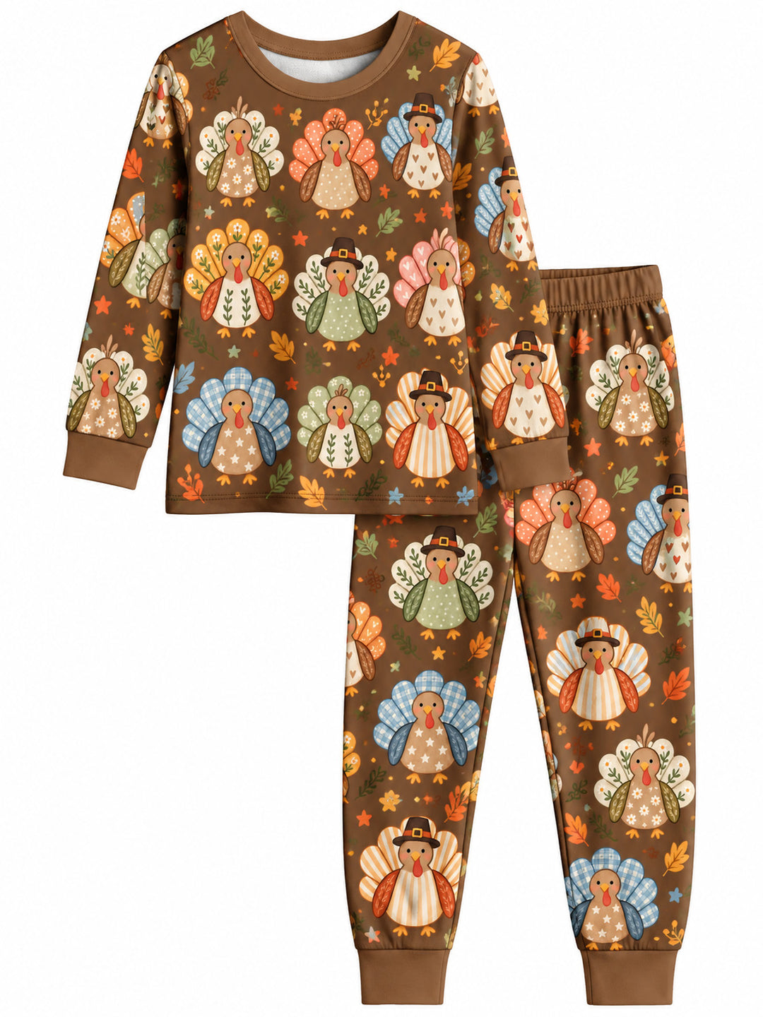 Cute Floral Thanksgiving Turkeys Bamboo Two Piece Long Sleeve Pajama Set