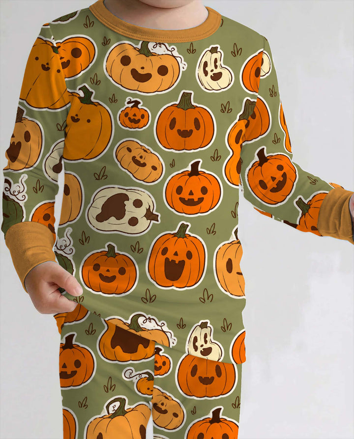 Cute Jack O Lantern Pumpkin Patch Bamboo Two Piece Long Sleeve Pajama Set