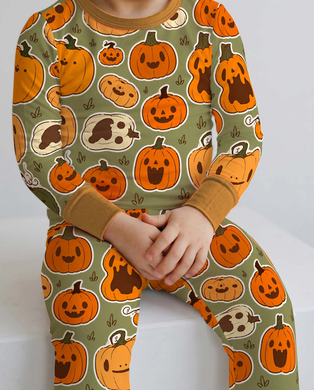 Cute Jack O Lantern Pumpkin Patch Bamboo Two Piece Long Sleeve Pajama Set