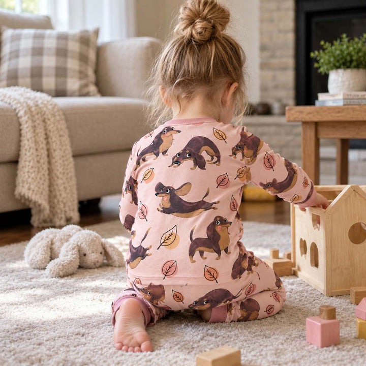 Dachshund Autumn Leaves Bamboo Two Piece Long Sleeve Pajama Set