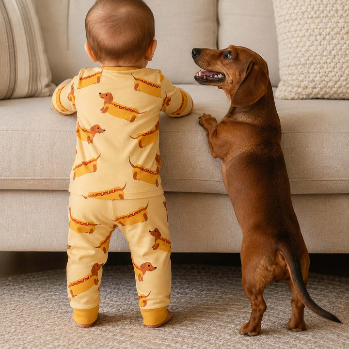 Dachshund Hot Dog Bamboo Two Piece Long Sleeve Pajama Set