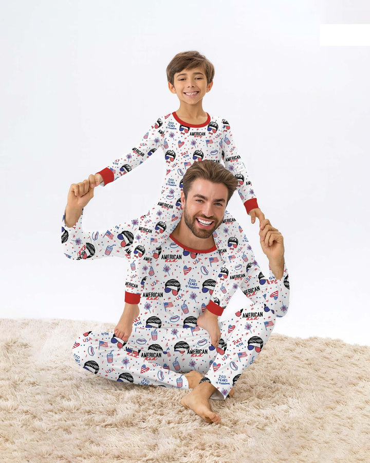 Doodle American Flag Glasses Family Matching Bamboo Men's Pajama Set
