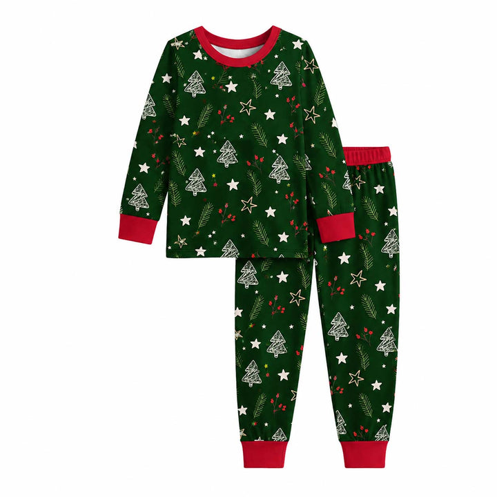Dark Green Christmas Tree Doodles Bamboo Two Piece Long Sleeve Pajama Set