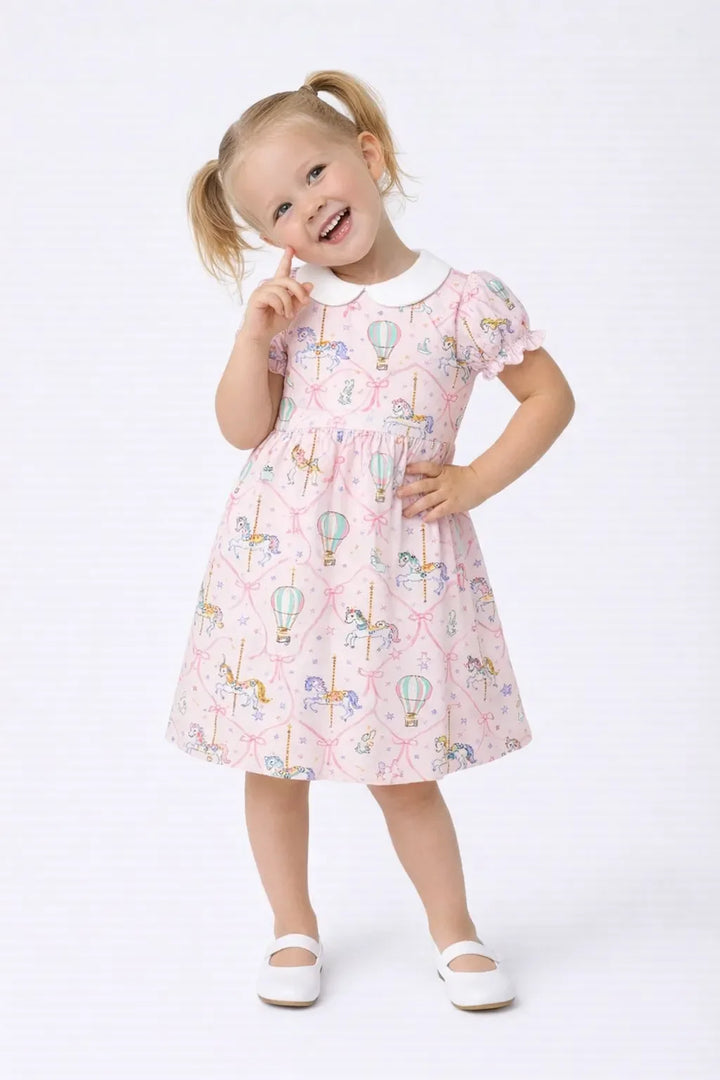 Cute Carousel Unicorn Balloon Bamboo Peter Pan Collar Dress