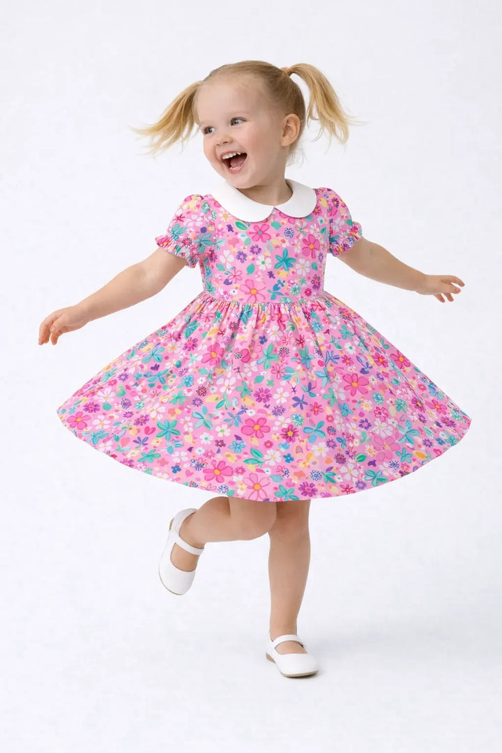 Cute Colorful Flowers Ditsy Balloon Bamboo Peter Pan Collar Dress