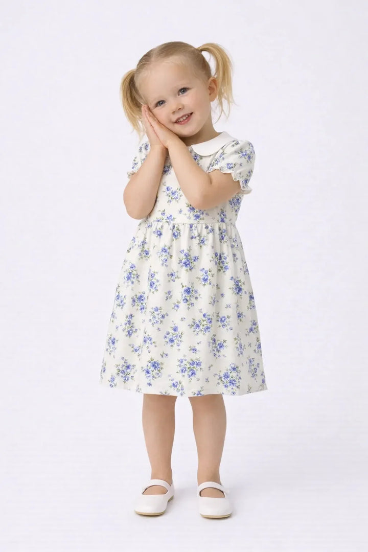 Tiny Blue Flower Meadow Bamboo Peter Pan Collar Dress