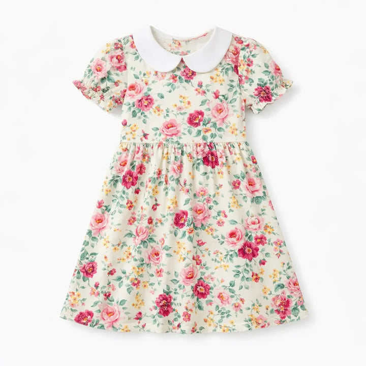 Zeitloses pinkes Rosen-Garten Bambus Peter Pan Kragenkleid