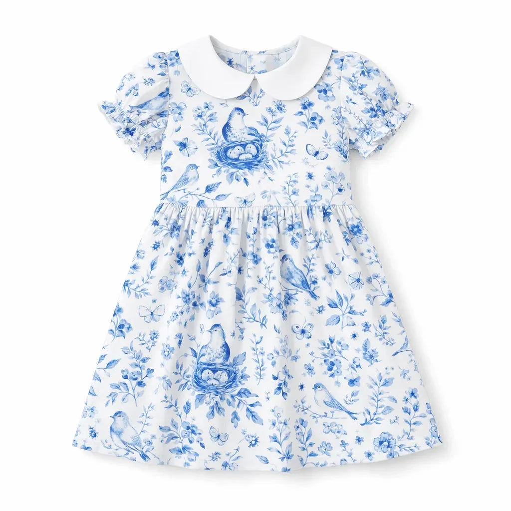 Vestido Vintage Azul con Estampado Floral Toile de Pájaros y Cuello Peter Pan de Bambú