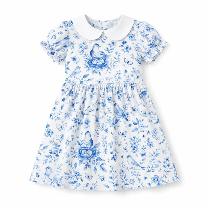 Vestido Vintage Azul con Estampado Floral Toile de Pájaros y Cuello Peter Pan de Bambú