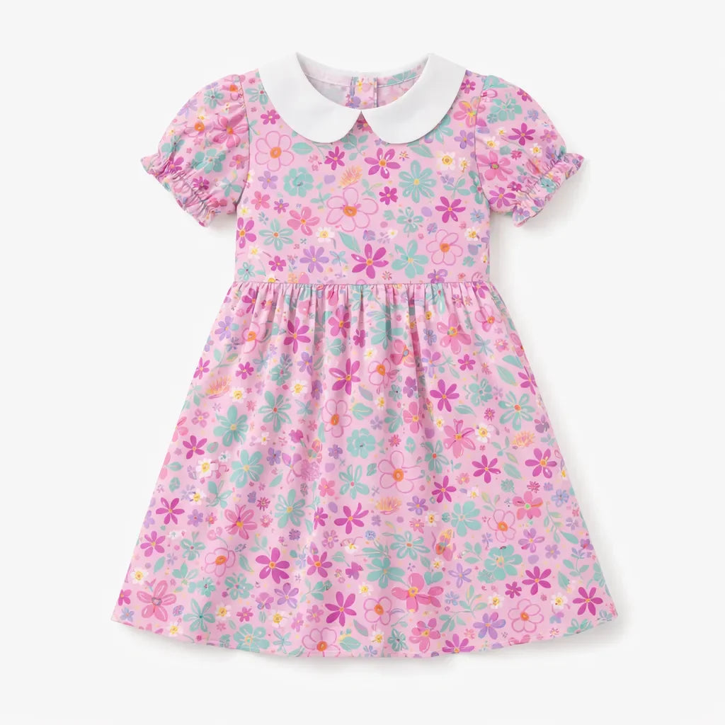 Cute Colorful Flowers Ditsy Balloon Bamboo Peter Pan Collar Dress