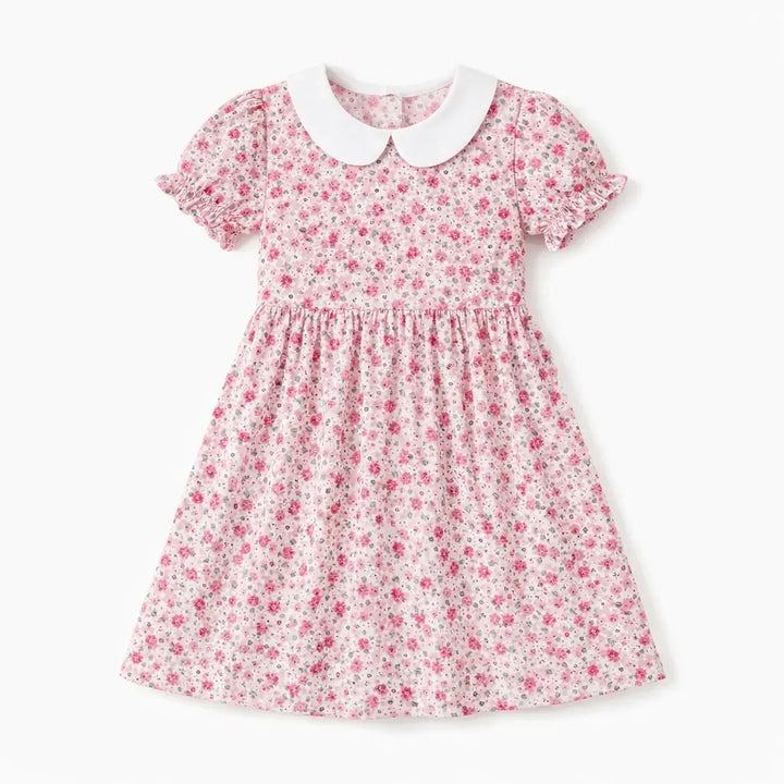Zartrosa Vintage Blumenmuster Bambus Peter-Pan-Kragen-Kleid