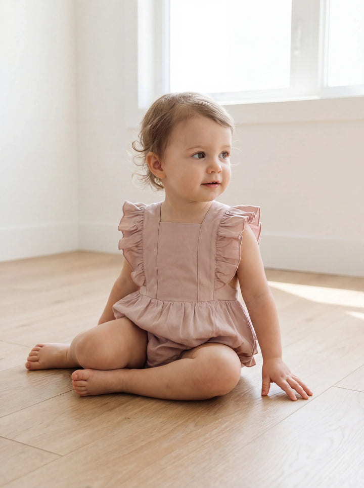 Solid Color Bamboo Cross Back Ruffle Bubble Romper