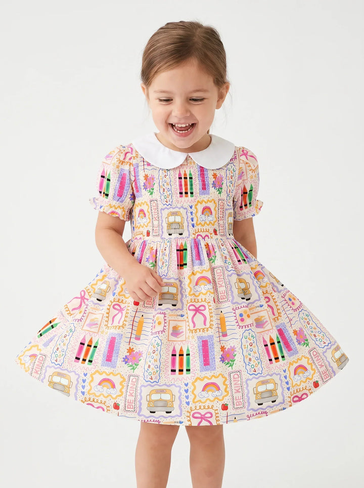 Colorful Doodle School Bamboo Peter Pan Collar Dress
