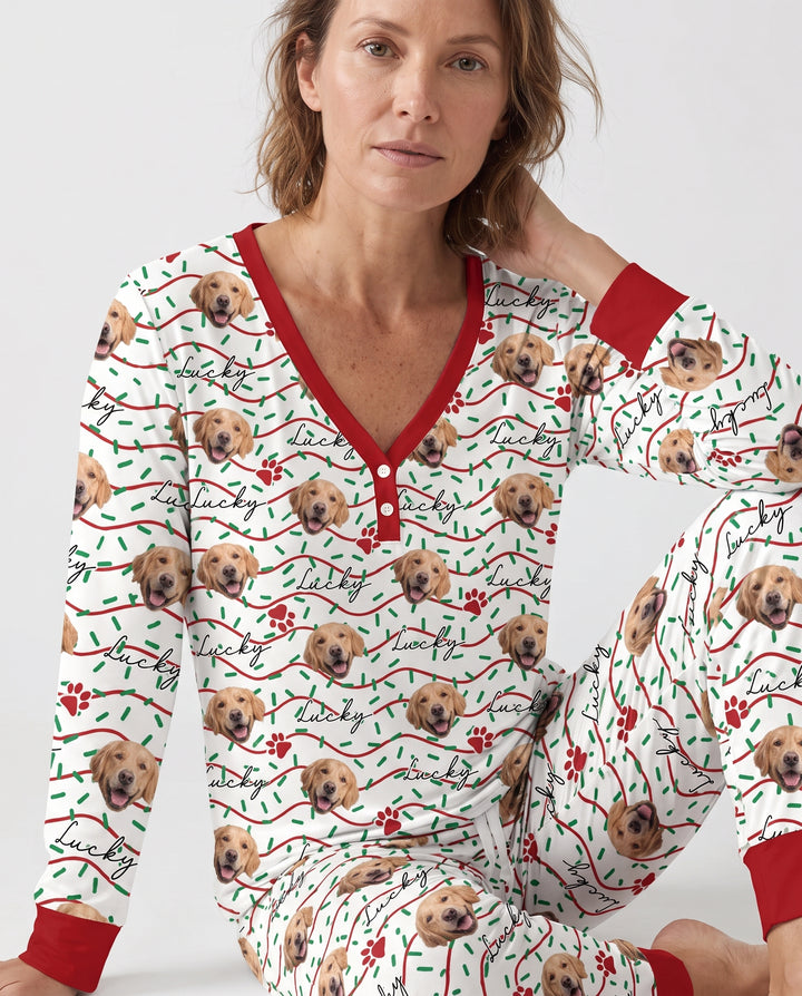Custom Pet Photo Christmas Sprinkles Bamboo Women Pajama Set