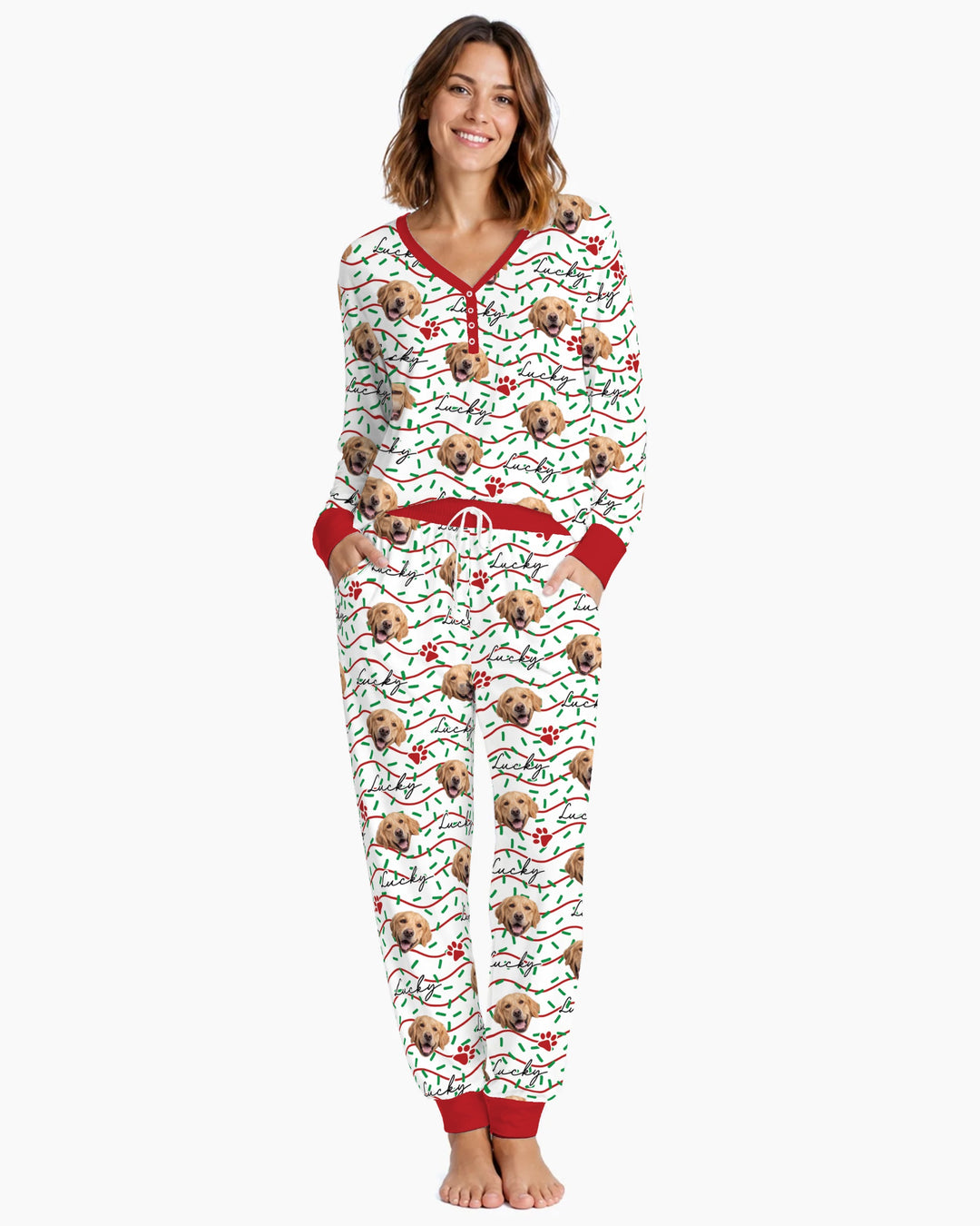 Custom Pet Photo Christmas Sprinkles Bamboo Women Pajama Set