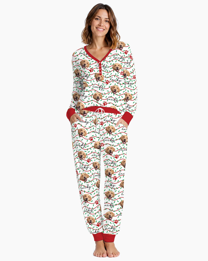 Custom Pet Photo Christmas Sprinkles Bamboo Women Pajama Set