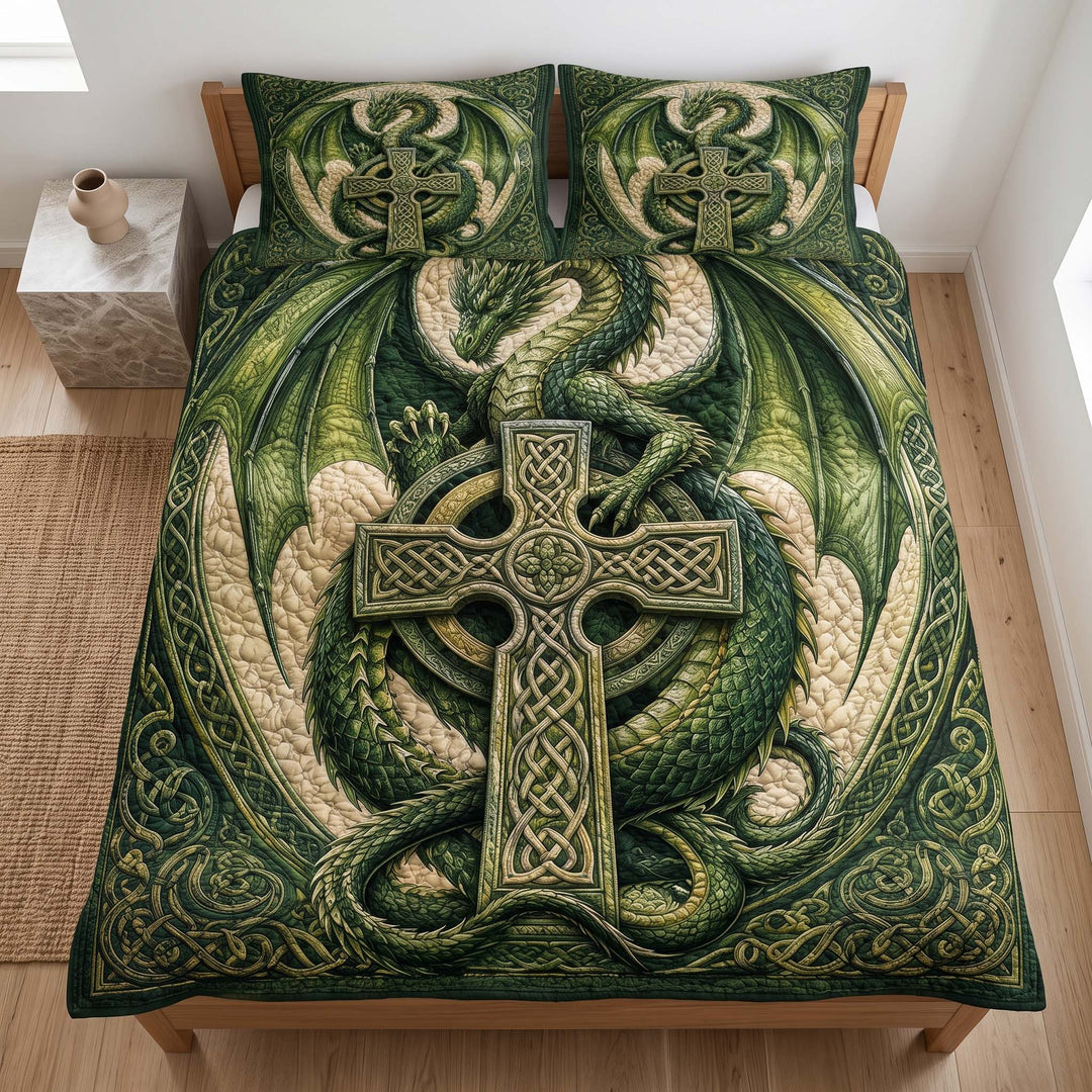 Emerald Celtic Cross Dragon Bamboo Quilt Bedding Set
