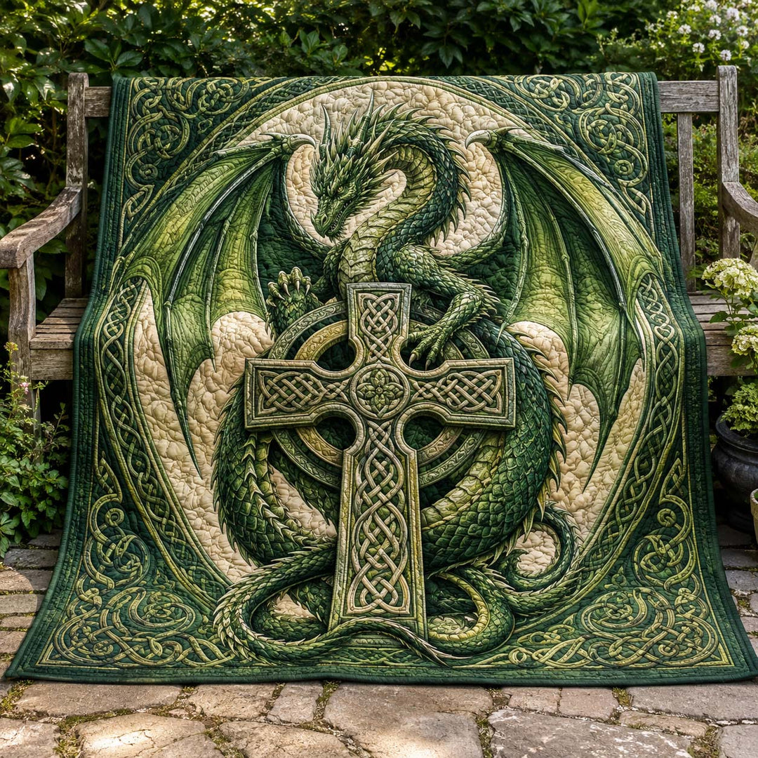Emerald Celtic Cross Dragon Bamboo Quilt Blanket