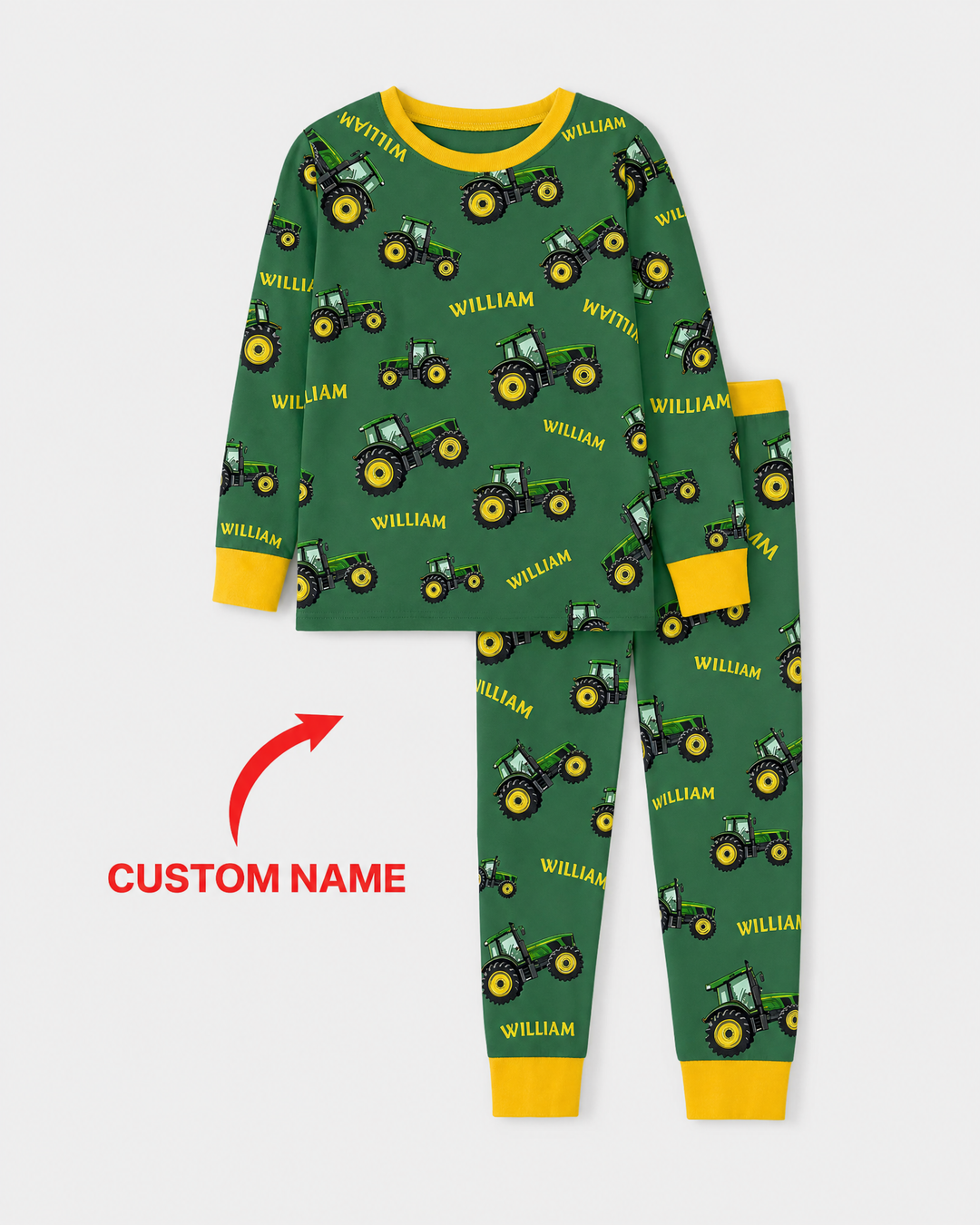 Custom Name Green Tractors Matching Daddy & Me Bamboo Two Piece Long Sleeve Pajama Set