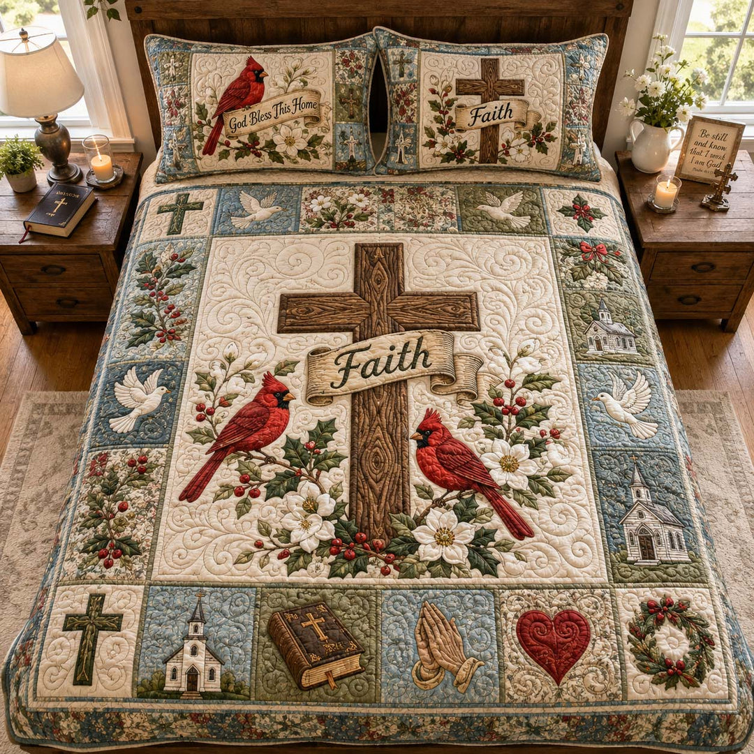 Faith Cardinals and Cross Bamboo Quilt Bedding Set