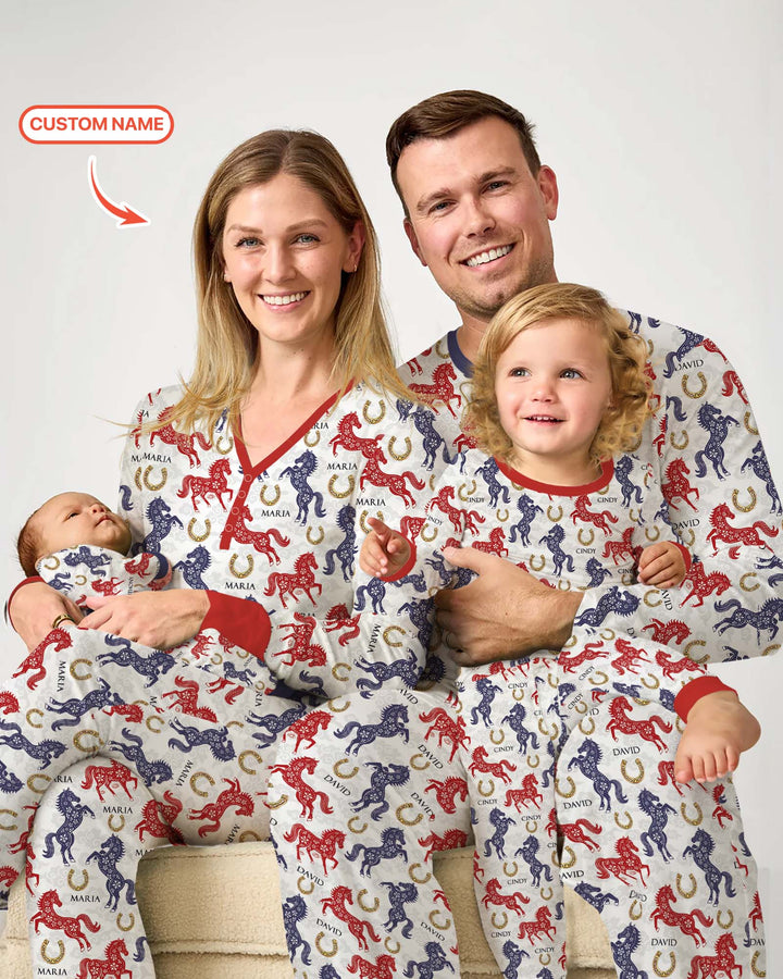 Custom Name Chinoiserie Horses Two Piece Long Sleeve Pajama Set