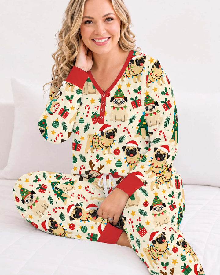 Festive Pug Christmas Bamboo Women Pajama Set