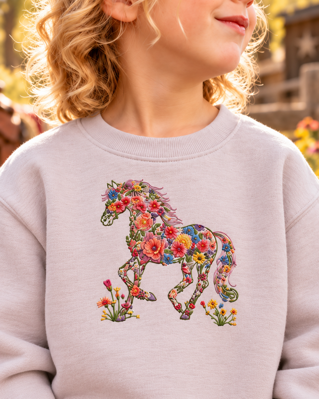 Western Flower Horse Embroidered Bamboo Crewneck Sweatshirt